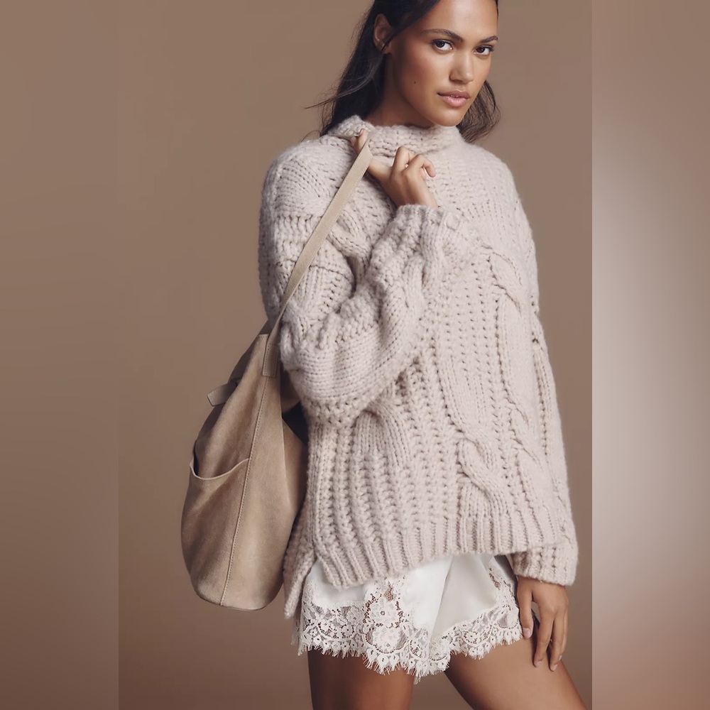 Anthropologie Maeve Mock-Neck Cable Wool Blend Sweater Small NWT $248